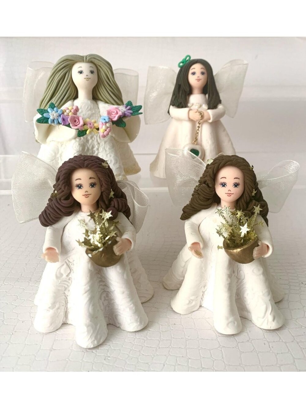 4 Vintage Kneeded Angels Figurines Ornaments by Carol Graziano Avon Christmas